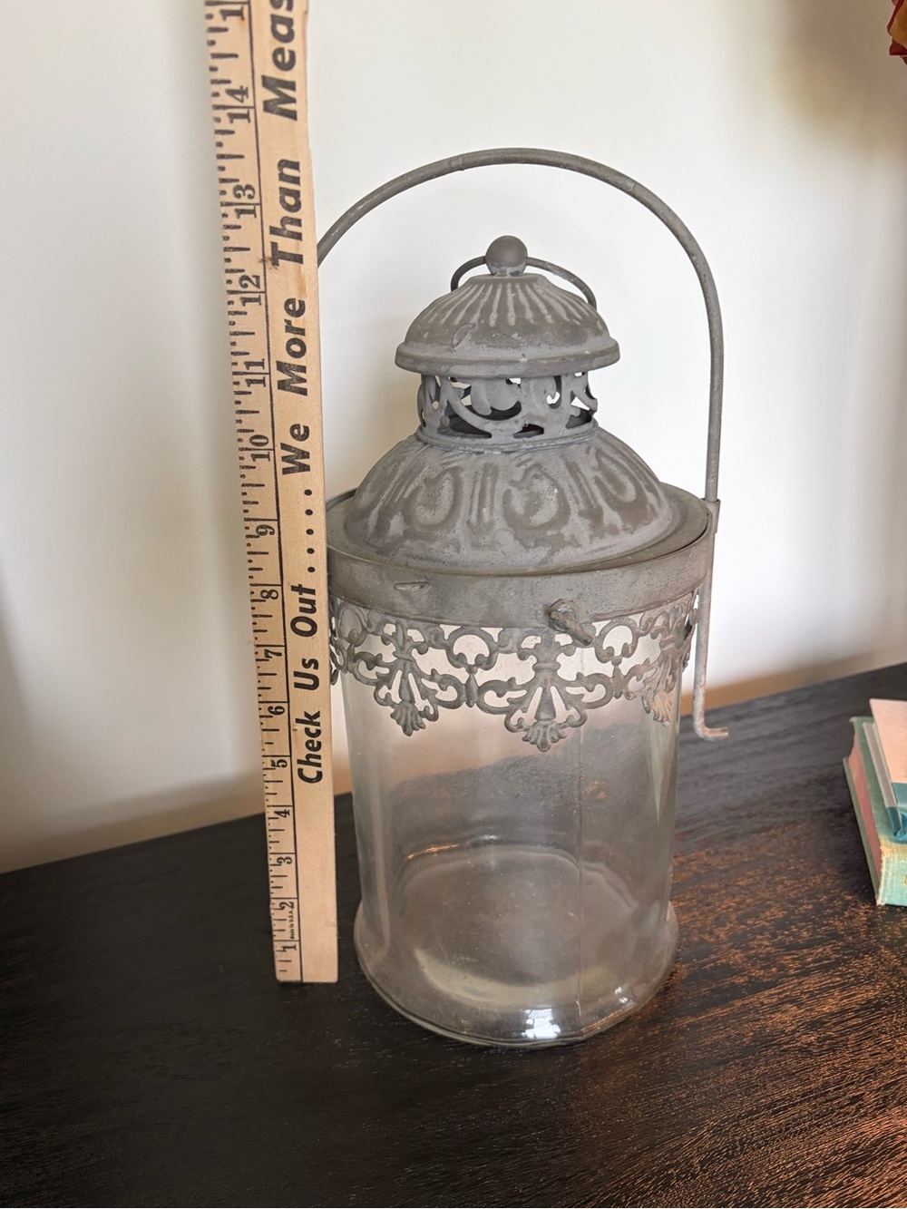 Decorative Glass Lantern with Ornate Gray Metal Top - Unbranded - Picture 2 of 3